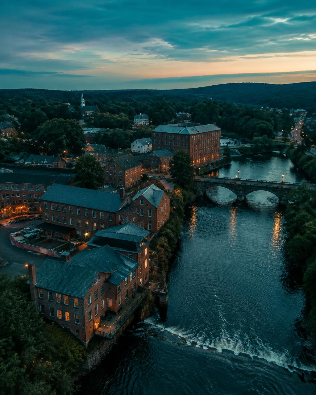 Aerial dusk view of Hampton, NJ along the Musconetcong River